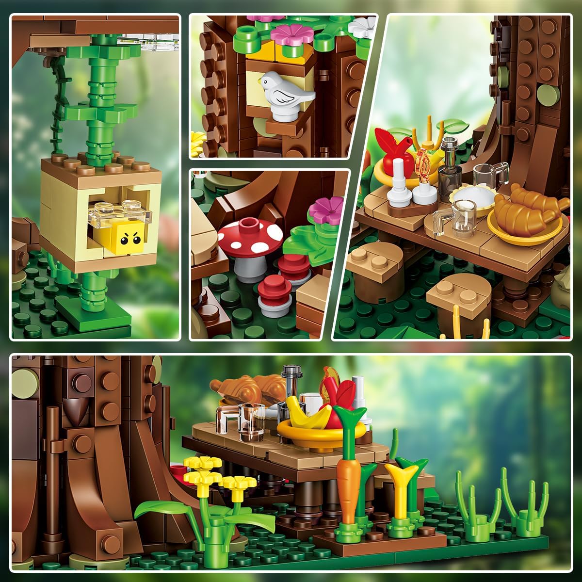 Micro details of the tree house model: cute square beehive, picnic table with croissants, and forest mushrooms.