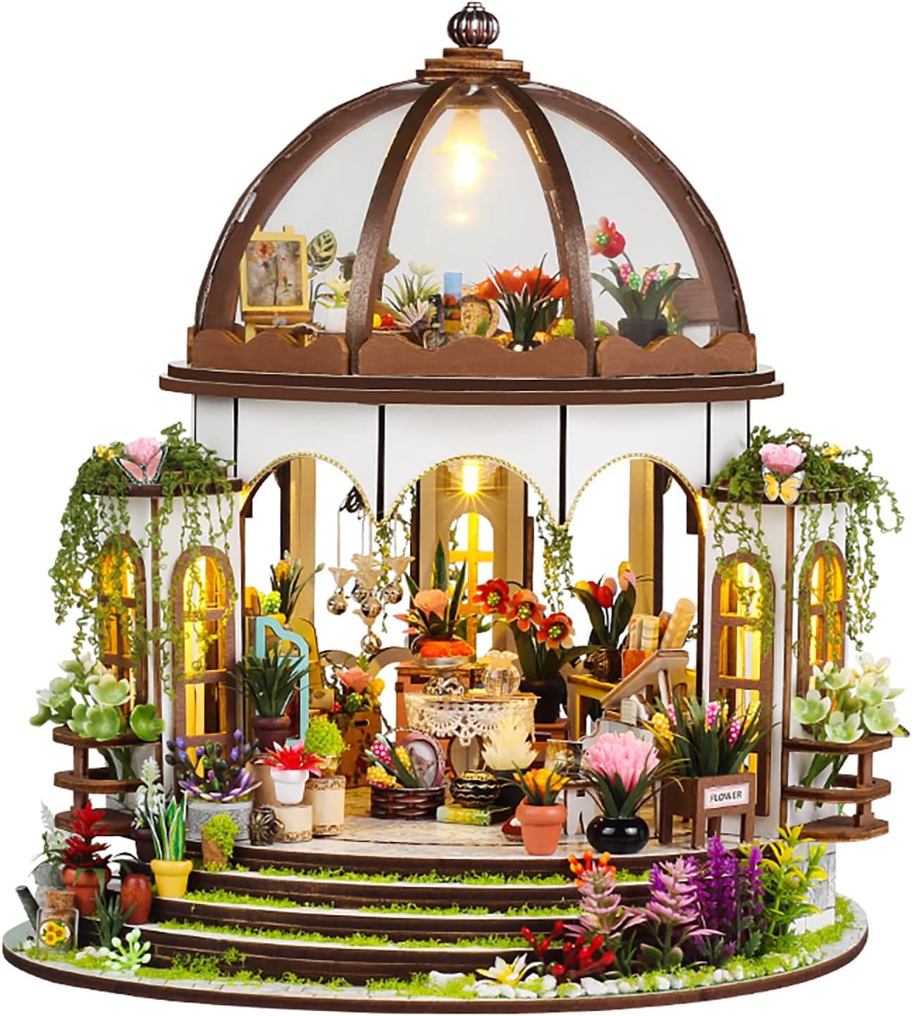 DIY Miniature Dollhouse Kit, 1:24 Scale Wooden Craft House for Adults, Miniature Greenhouse with LED Lights & Tiny Furniture, 3D Puzzle Model Building Flower Room, Birthday Gift for DIY Lovers-uFunSpace