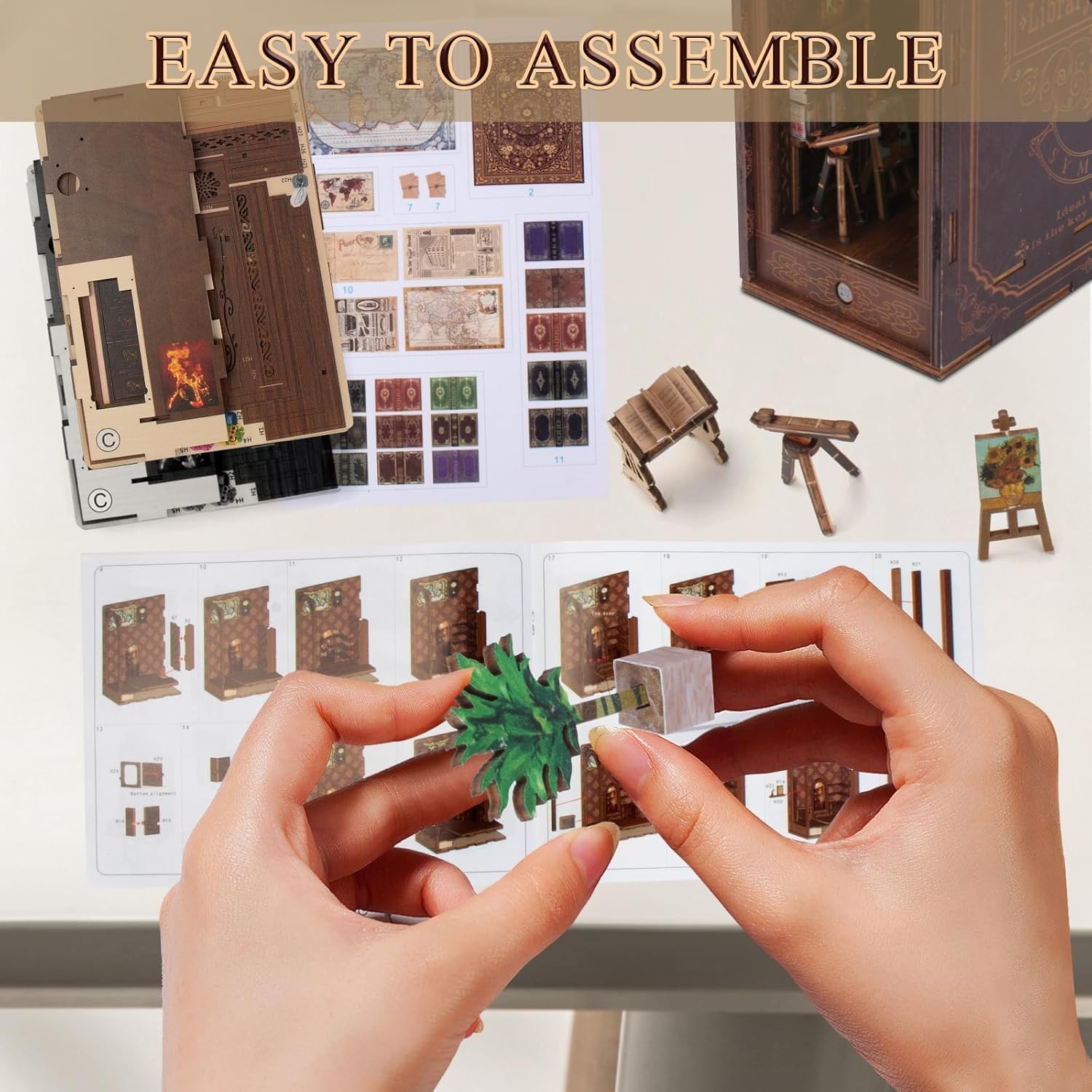 Easy to assemble DIY Book Nook kit "Library of Books", showing wooden puzzle parts, globe, and telescope models.-uFunSpace