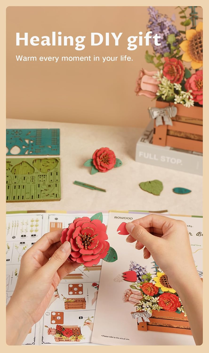 Artifical Flowers,Wooden Flower Bloom Box Building Toy Set,DIY 3D Wooden Puzzles for Adults,Botanical Collection Craft Kit as Thanksgiving Decoration Christmas Birthday Valentine Gift-uFunSpace