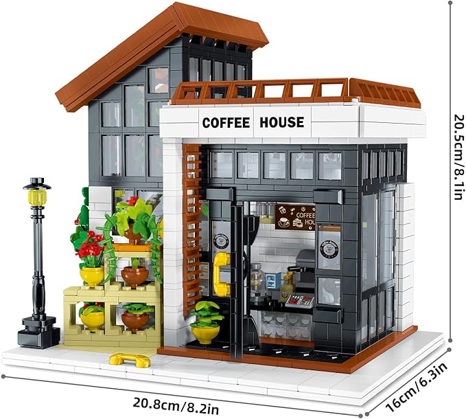 City Cafe Architecture Building Kit,Coffee House Model Building Blocks Toy with LED Light for Teen, Adult(1512 Pieces)-uFunSpace