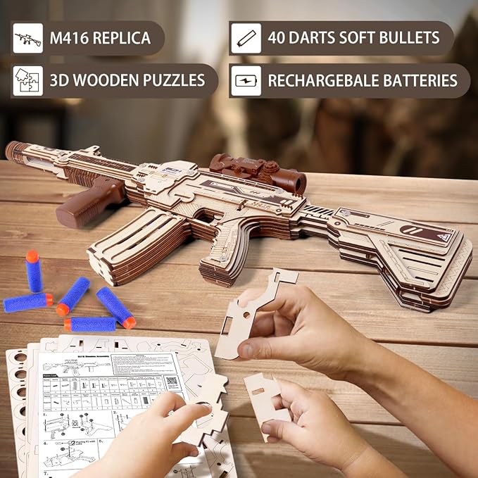 Wooden Gun Puzzles, 3D Wooden Puzzles Gun for Adult with Foam Soft Bullet, Electric Wooden M416 Model Rifle Puzzle Toy Guns, Wood Puzzles DIY Building Kits for Adult Christmas Birthday Gift-uFunSpace