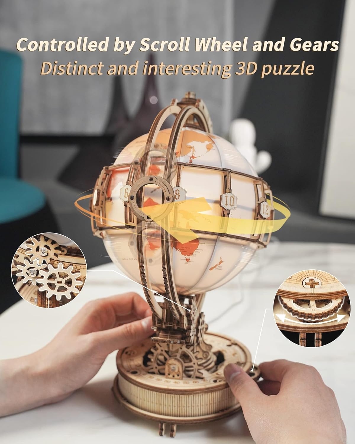 3D Wooden Puzzles for Adults-LED Illuminated Wooden Globe Puzzle-Model Building Kits-Room Decor for Teen Girls Boys Women Men-uFunSpace