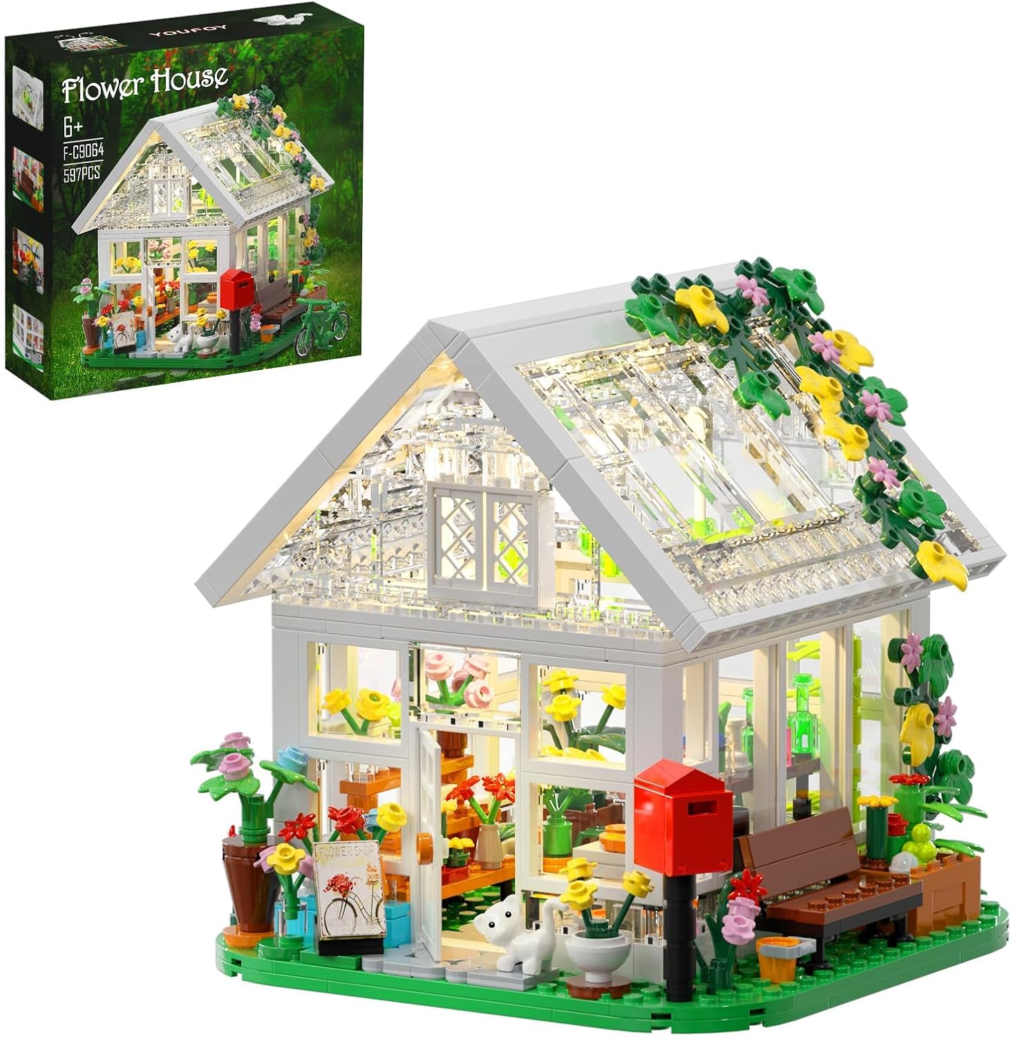 Building Set, Garden House Building Toy with LED Light, Creative Building Playset, Build a Greenhouse Model, Great Gift for Friends or Girls (597 Pieces)-uFunSpace