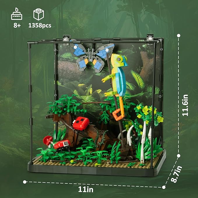 Tropical Rainforest Building Set with LED Light,Jungle Landscape Building Blocks with Chameleon Butterfly Beetle Ladybug Plant Animal,Desktop Decor Display Gift for Aldults and Teens(1358pcs)-uFunSpace