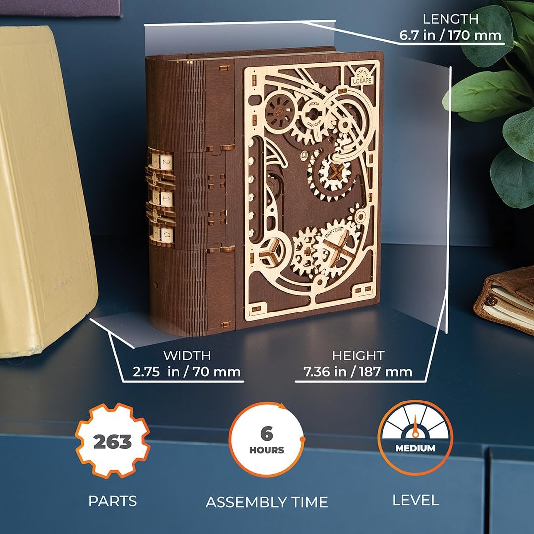 Book of Secrets 3D Puzzle Box - 3D Wooden Puzzles for Adults, Fun DIY Kits for Adults - Steampunk Combination-Lock Treasure Box Adult Puzzles Unique Gift for Hobby Enthusiasts - 263 Pcs-uFunSpace