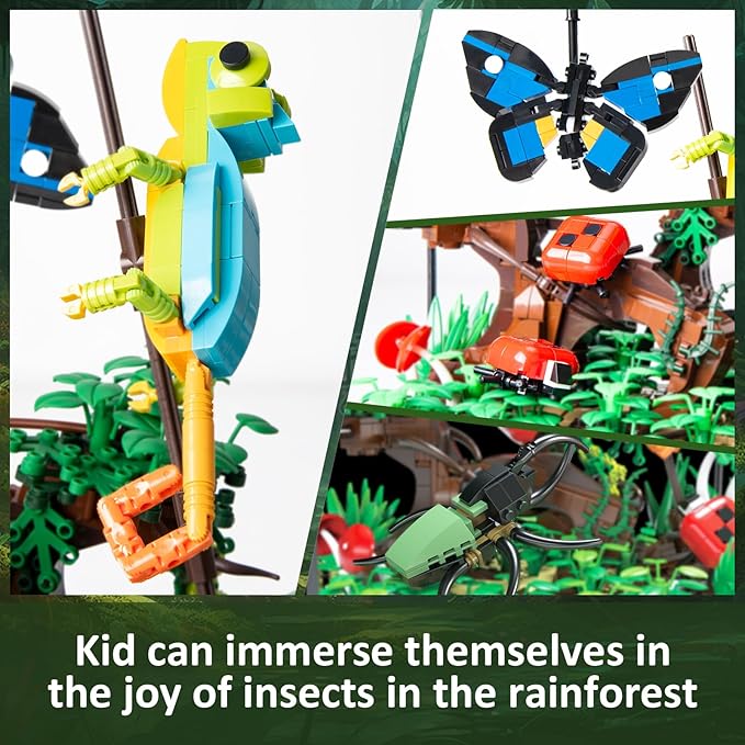 Tropical Rainforest Building Set with LED Light,Jungle Landscape Building Blocks with Chameleon Butterfly Beetle Ladybug Plant Animal,Desktop Decor Display Gift for Aldults and Teens(1358pcs)-uFunSpace