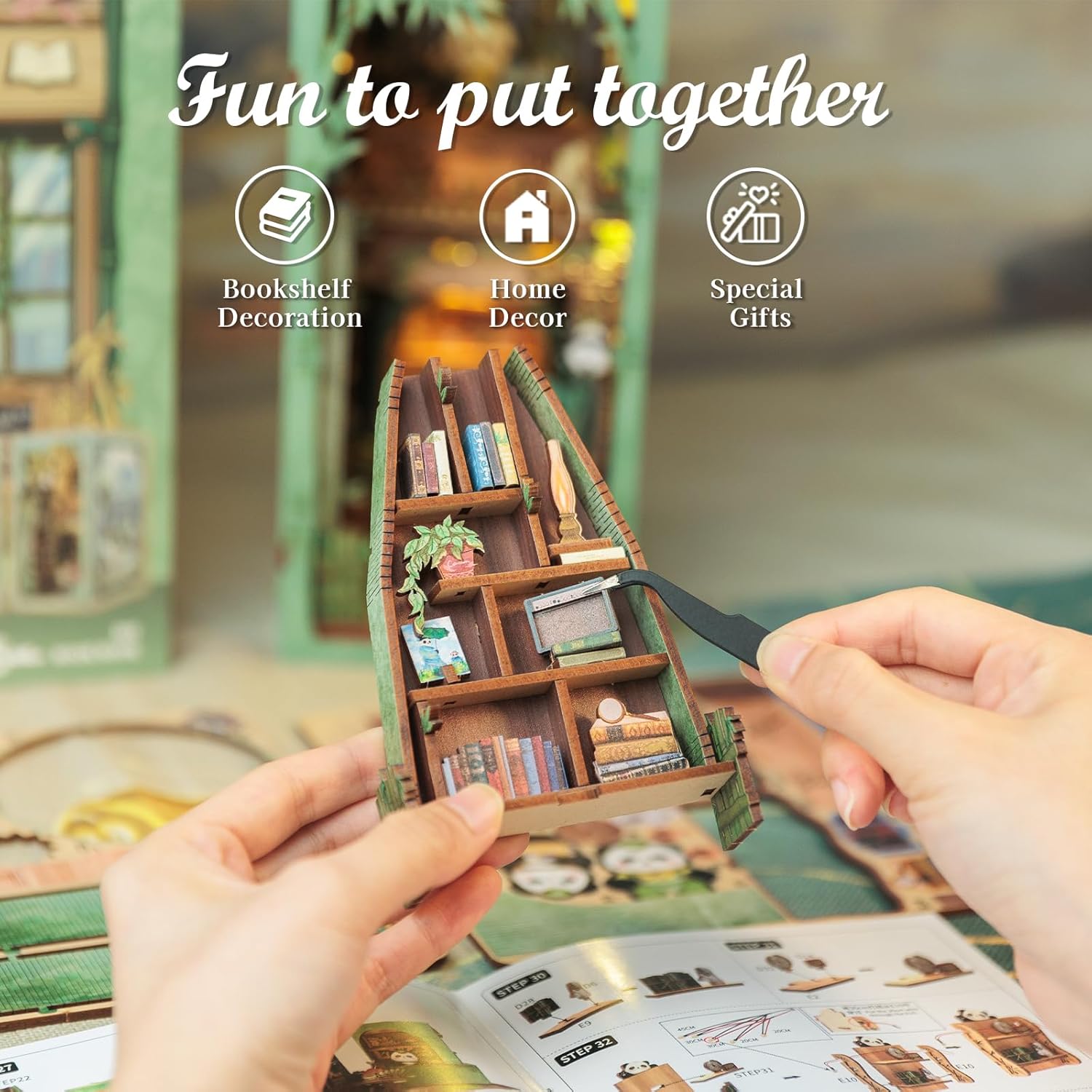 Hands assembling the DIY wooden puzzle bookend showing step-by-step construction of miniature shelves-uFunSpace