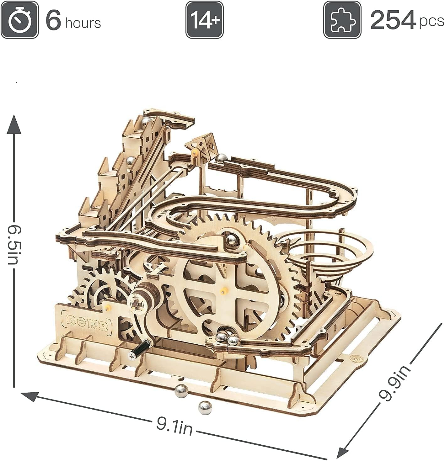 3D puzzle specifications showing 254 pieces, assembled dimensions 9.9x9.1 inches, and age 14+.-uFunSpace