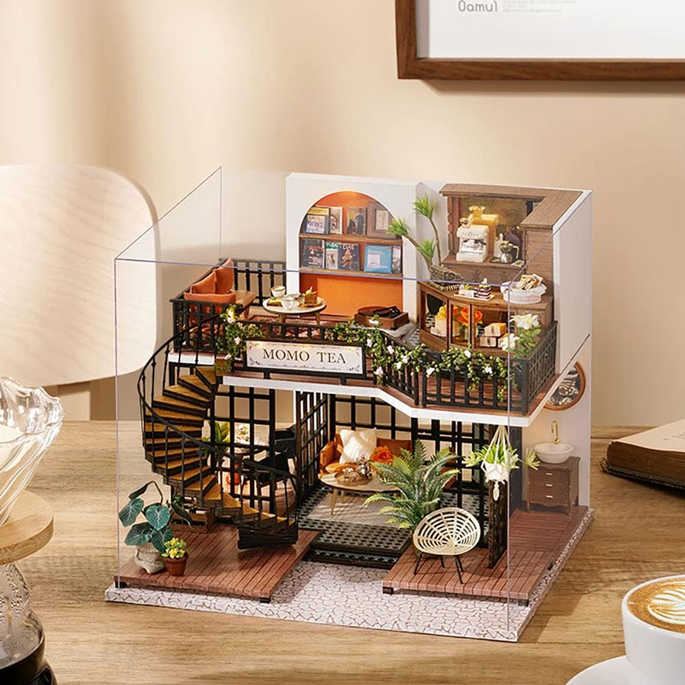Dollhouse Miniature with Furniture, DIY Wooden Dollhouse Kit Plus Dust Proof, Creative Room Idea(Forest Tea Shop)-uFunSpace