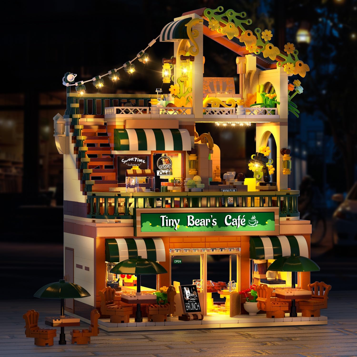 City Coffee House Building Set with Light, 1173 PCS Cafe Shop Building Block Toy with Ordering Counter Baking Room, Architecture Construction Model for Adults Teens Kids Boys Girls Ages 6-12+-uFunSpace
