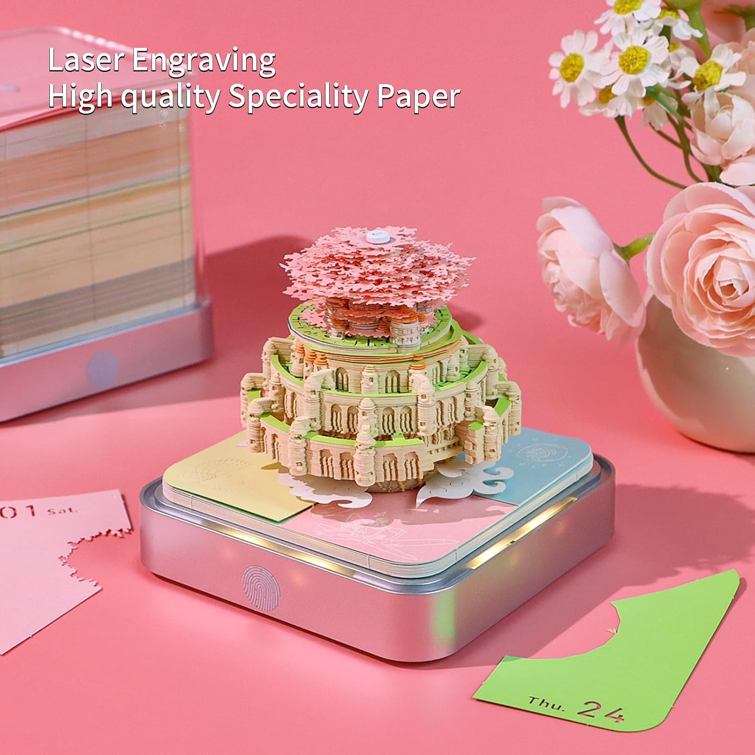 Time Piece Calendar,3D Art Calendar Memo Pad 2025 Creative Desk Calendar with Light,Castle in Sky Tear Away Paper Carving 3D Memo Pad Art Notepad Christmas Gift-uFunSpace