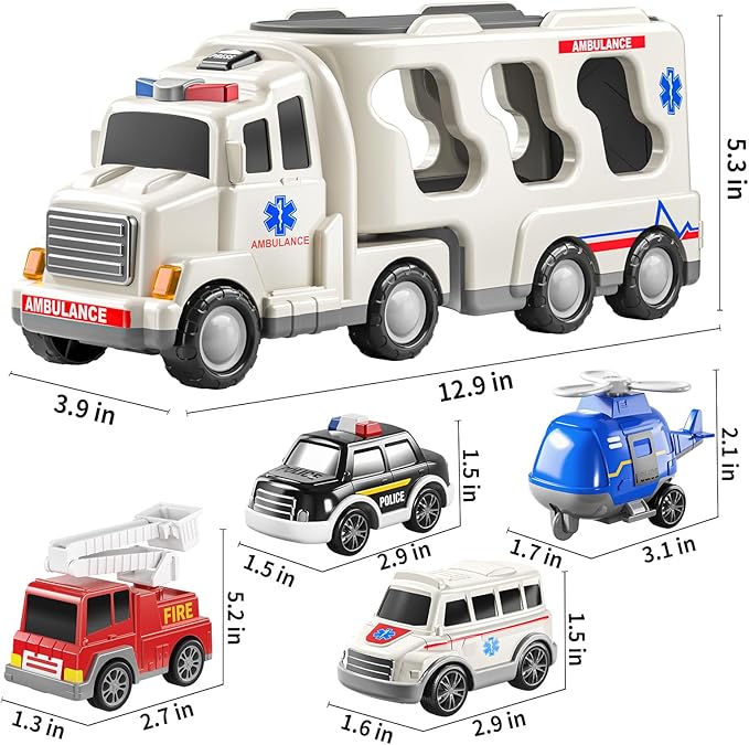 5 Pack Ambulance Vehicle Toddler Truck Toys for 3 4 5 6 Year Old Boys, Friction Powered Cars with Toy Helicopter, Police Car, Fire Truck, Ambulance Car, Birthday Gifts for Girls Age 3-9-uFunSpace