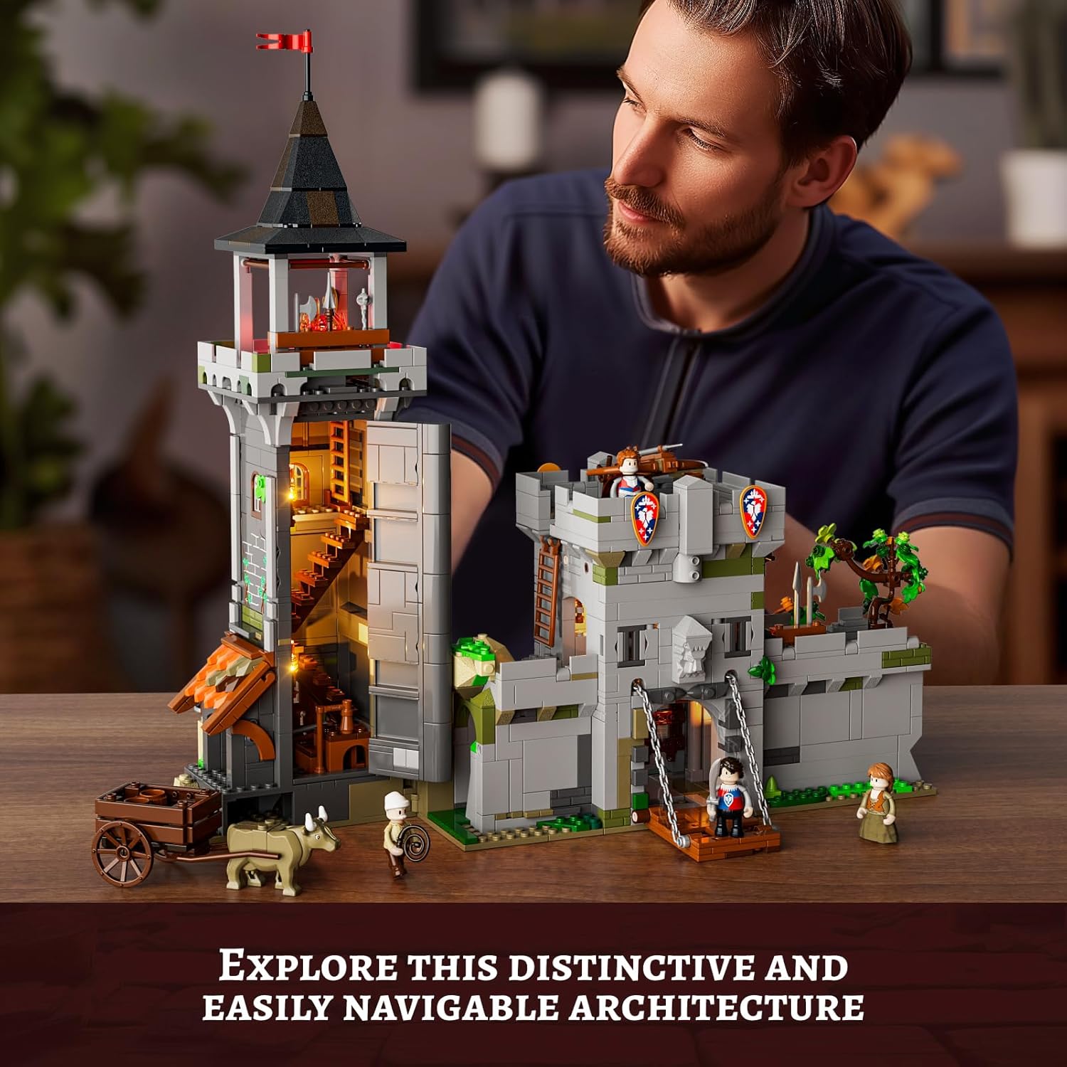 Medieval Watchtower Lighting Building-Bricks Set - Guardiance Castle with Soldier Farmer Minifigures Collectible Display Set 1625 Pcs for Adults and Teen-uFunSpace