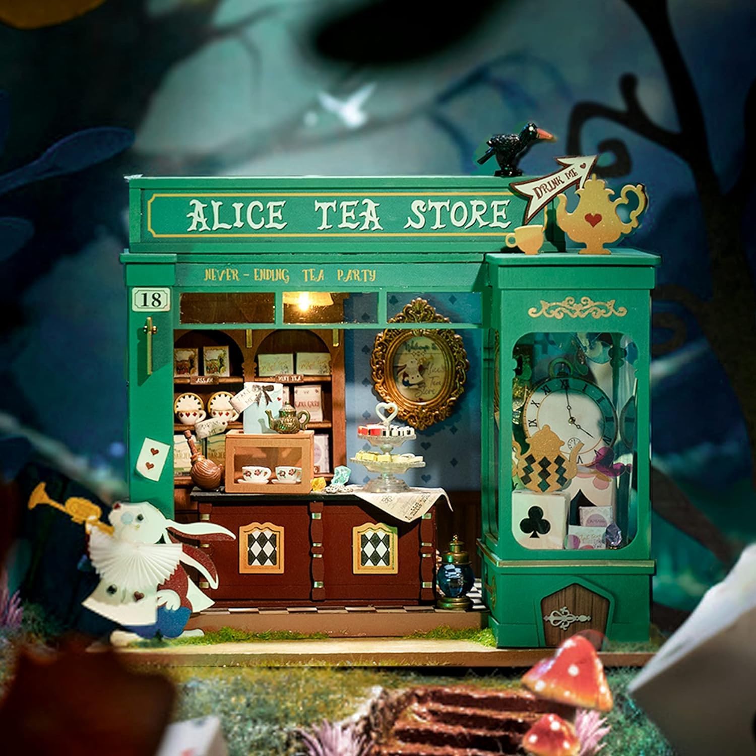 Finished Rolife Alice's Tea Store dollhouse displayed in a fantasy wonderland forest setting with warm LED lighting.-uFunSpace