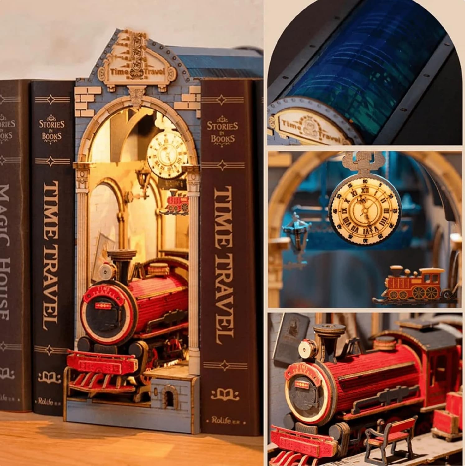 Illuminated Time Travel DIY Book Nook kit inserted between books, featuring a vintage steam train and station archway with warm LED lights.-uFunSpace