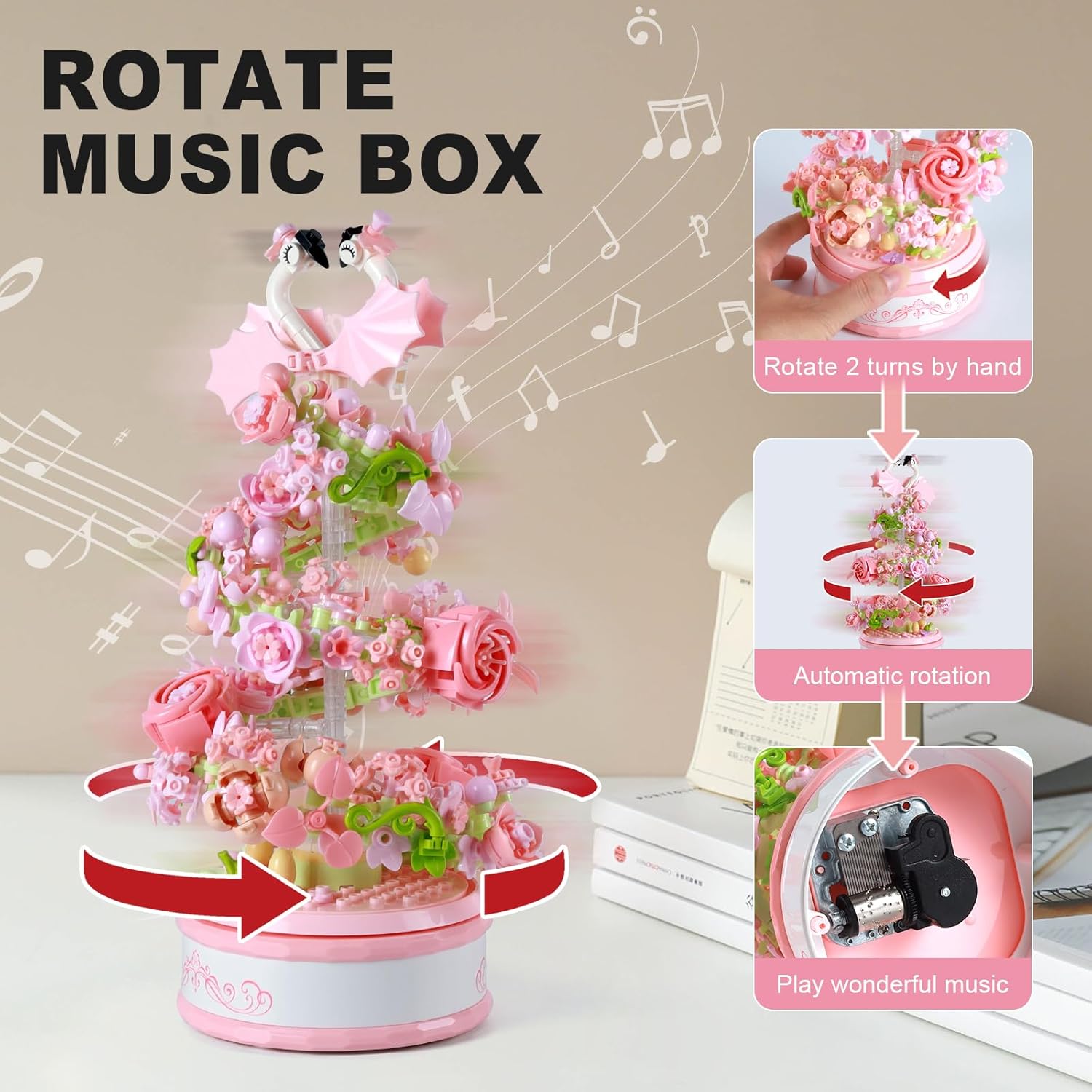Flowers Music Box Building Block Kit with Light-713PCS Decoration Rotating Music Box Building Set,Botanical Collection Mother's Day, Valentine and Birthday Gifts for Girls Boys Adults Kids Ages 6+-uFunSpace