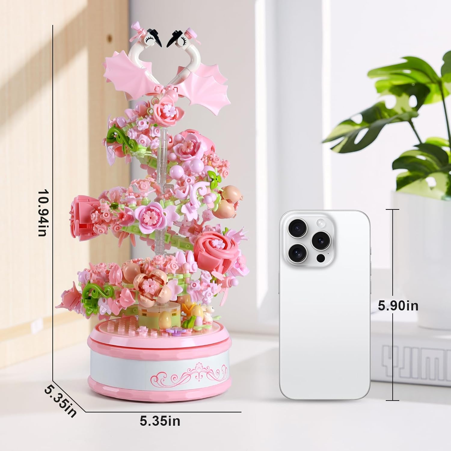 Flowers Music Box Building Block Kit with Light-713PCS Decoration Rotating Music Box Building Set,Botanical Collection Mother's Day, Valentine and Birthday Gifts for Girls Boys Adults Kids Ages 6+-uFunSpace