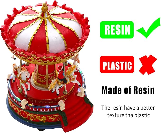 Christmas Carousel Figurines Decoration Christmas Village House Musical Carousel with 6 Moving Horses Go Round, 8 Pieces of Music Snow Globe, Music Box for Girl and Boy Kids-uFunSpace