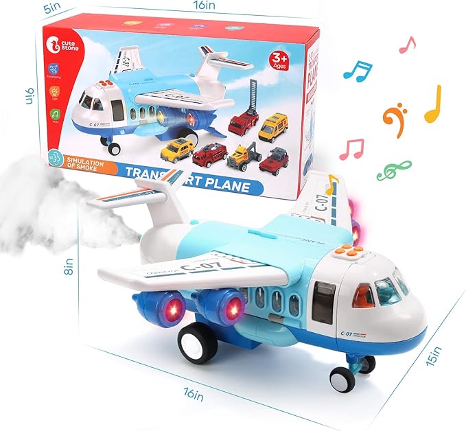 Airplane Plane Toy with Smoke, Sound and Light, Fricton Powered Airplane with Mini Cars, Great Gift for Boys and Girls-uFunSpace