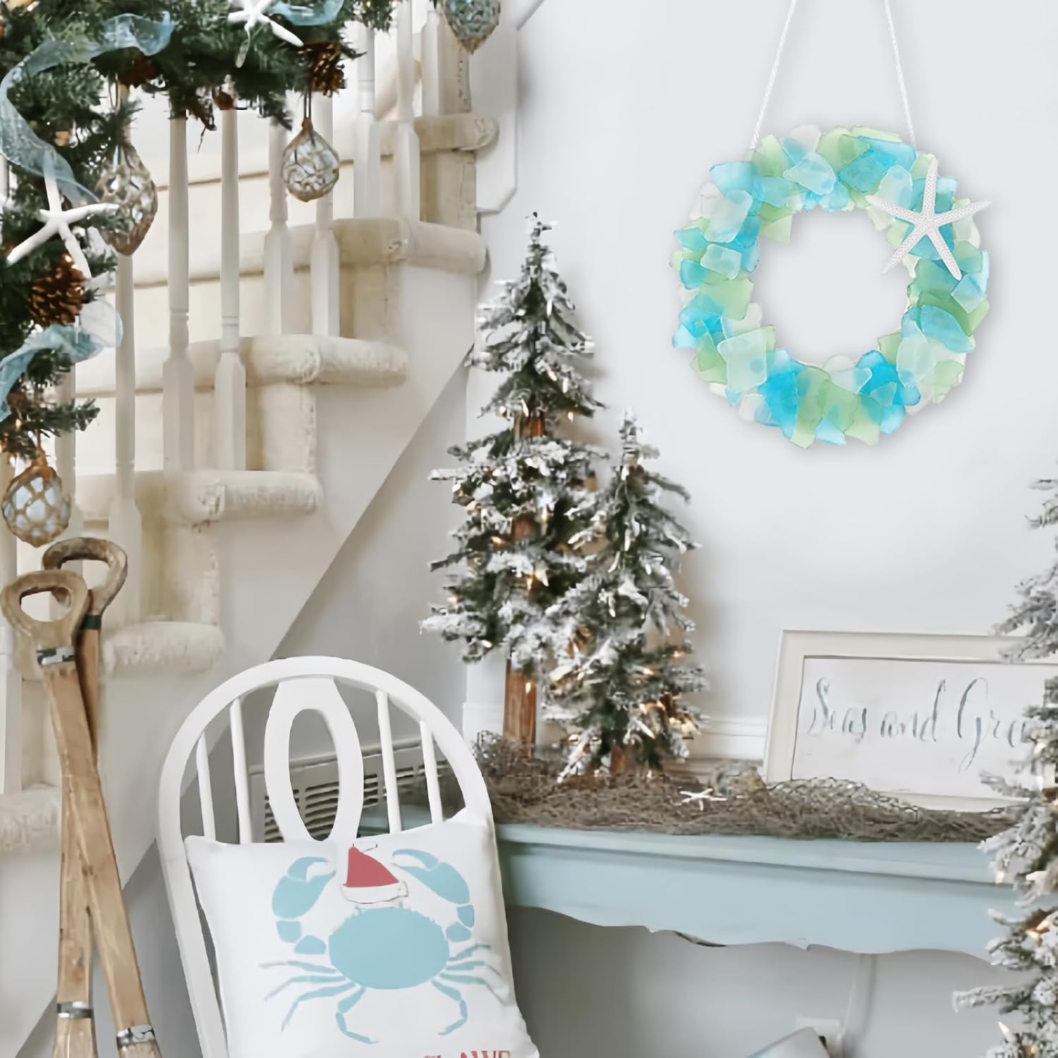 Sea Glass Wreath - Handmade 8.5 Inch Beach Wreath, Coastal Style Christmas Decor Wreaths for Home Decor, Door, Window, Kitchen Cabinet, Chair and Wall-uFunSpace