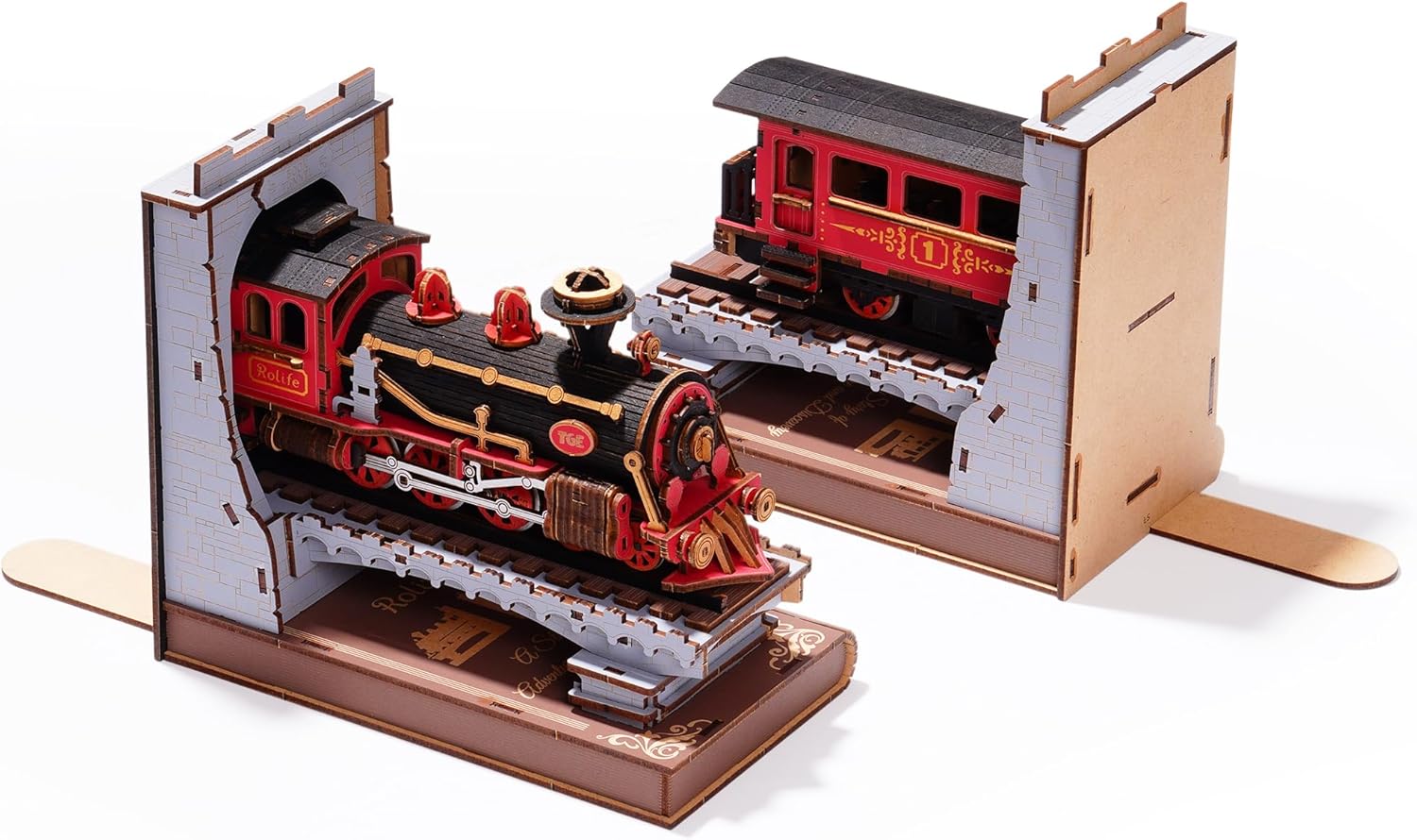 Close-up of the steam engine chimney and driver's cabin of the wooden train puzzle.
