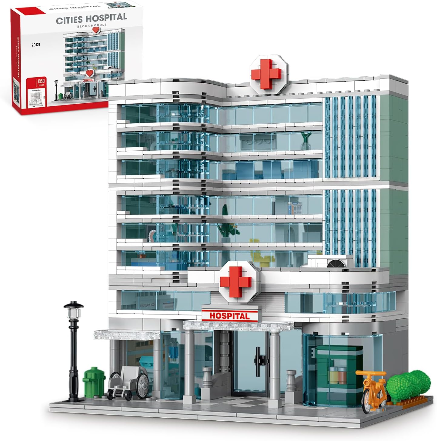 City Hospital Toy Building Set with LED Lighting, Compatible with Lego, Modular Three-Story Architecture Set for Adults, Gift Idea for Kids Ages 10 and Up (1350 Pieces)-uFunSpace