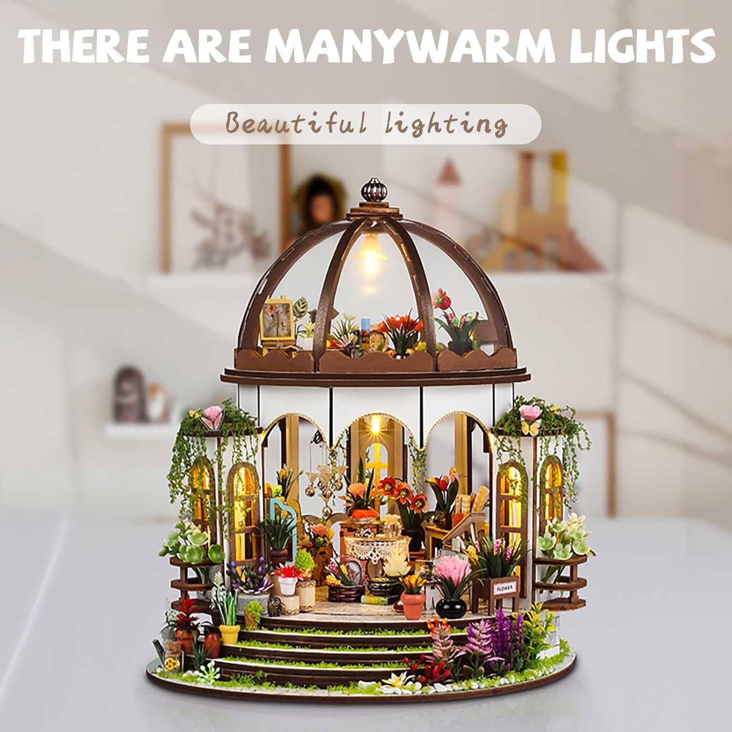DIY Miniature Dollhouse Kit, 1:24 Scale Wooden Craft House for Adults, Miniature Greenhouse with LED Lights & Tiny Furniture, 3D Puzzle Model Building Flower Room, Birthday Gift for DIY Lovers-uFunSpace