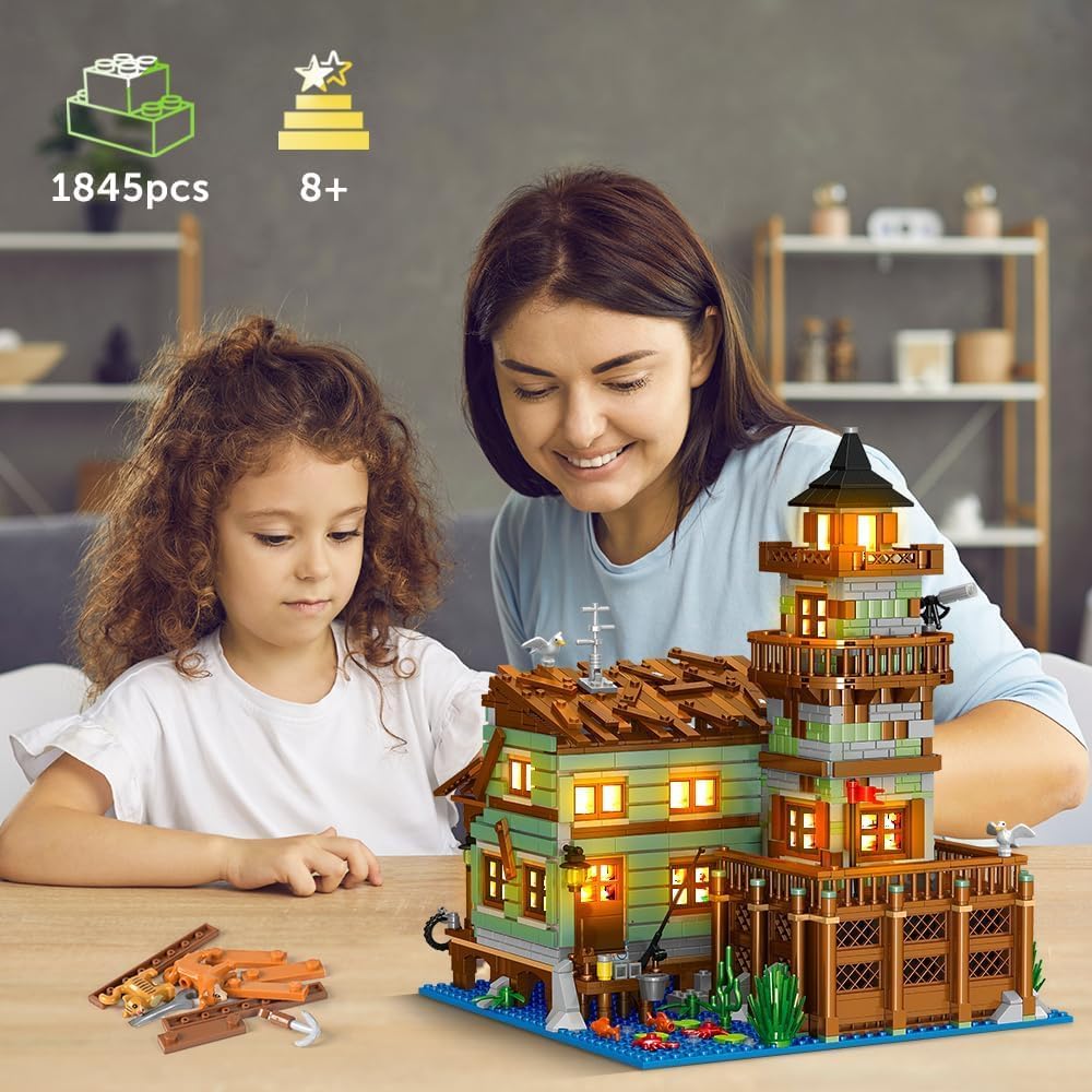 Fishing Village Store House Building Set with LED Light, 1845PCS Wood Cabin Mini Building Block Architecture Kit for Adults Boys Girls Ages 8+-uFunSpace