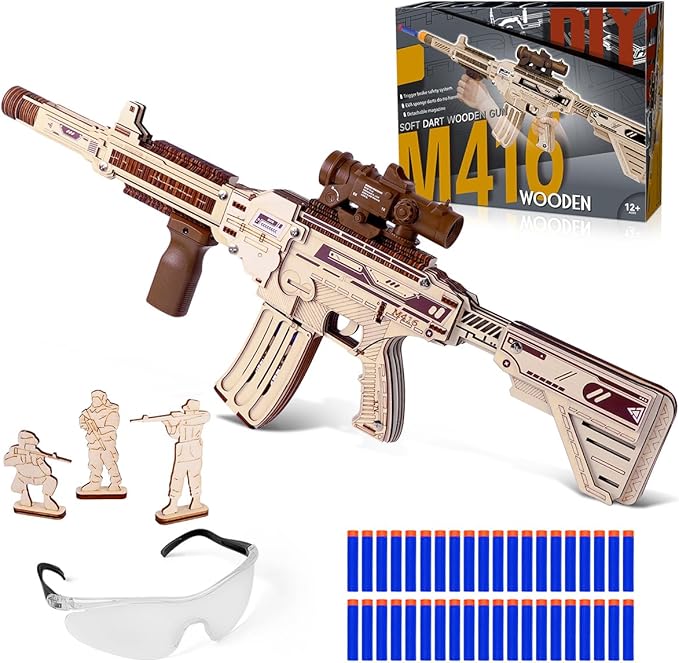 Wooden Gun Puzzles, 3D Wooden Puzzles Gun for Adult with Foam Soft Bullet, Electric Wooden M416 Model Rifle Puzzle Toy Guns, Wood Puzzles DIY Building Kits for Adult Christmas Birthday Gift-uFunSpace