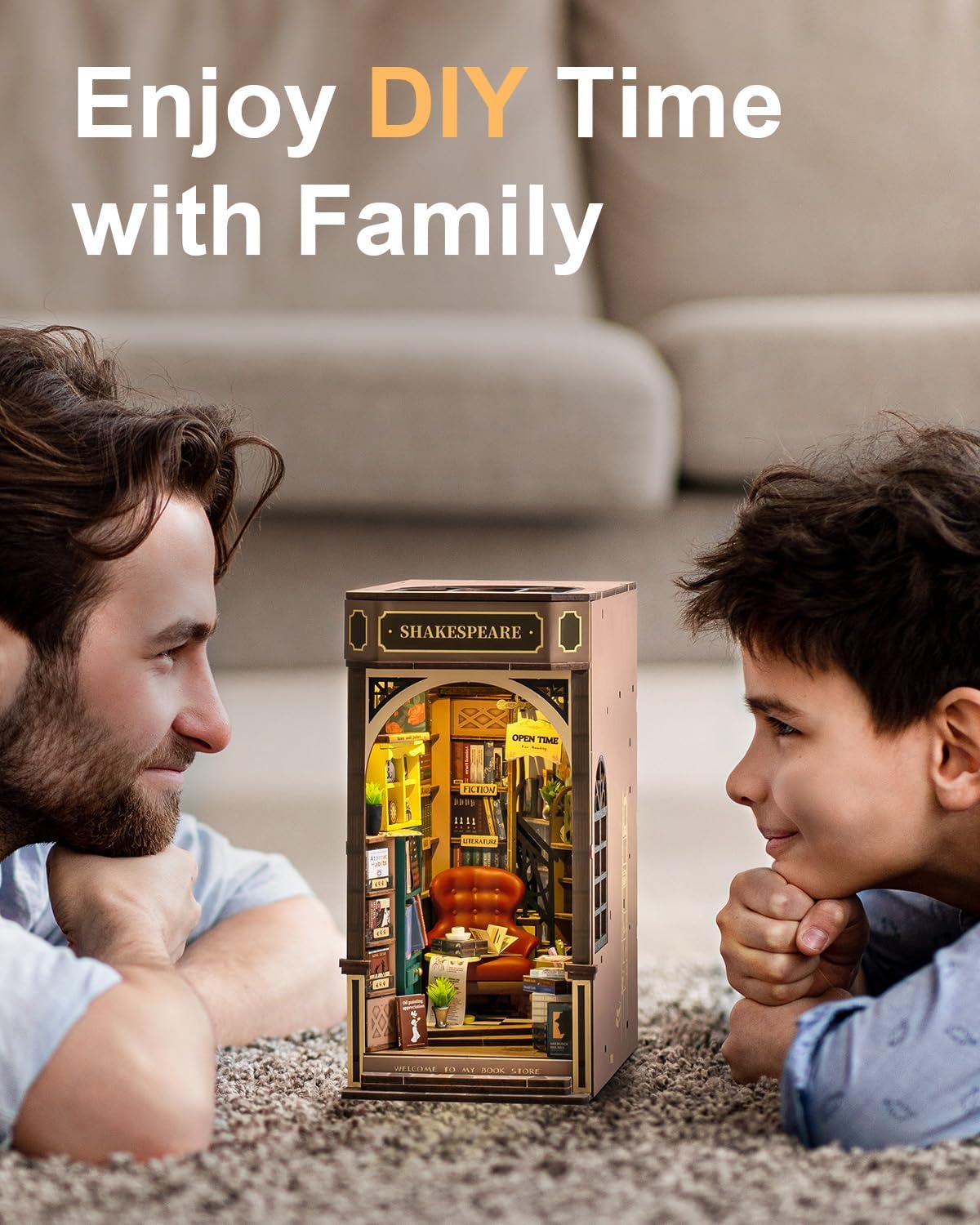 Family members bonding while assembling the 3D wooden Book Nook Kit, creating cherished memories through collaborative craft and shared creativity-uFunSpace