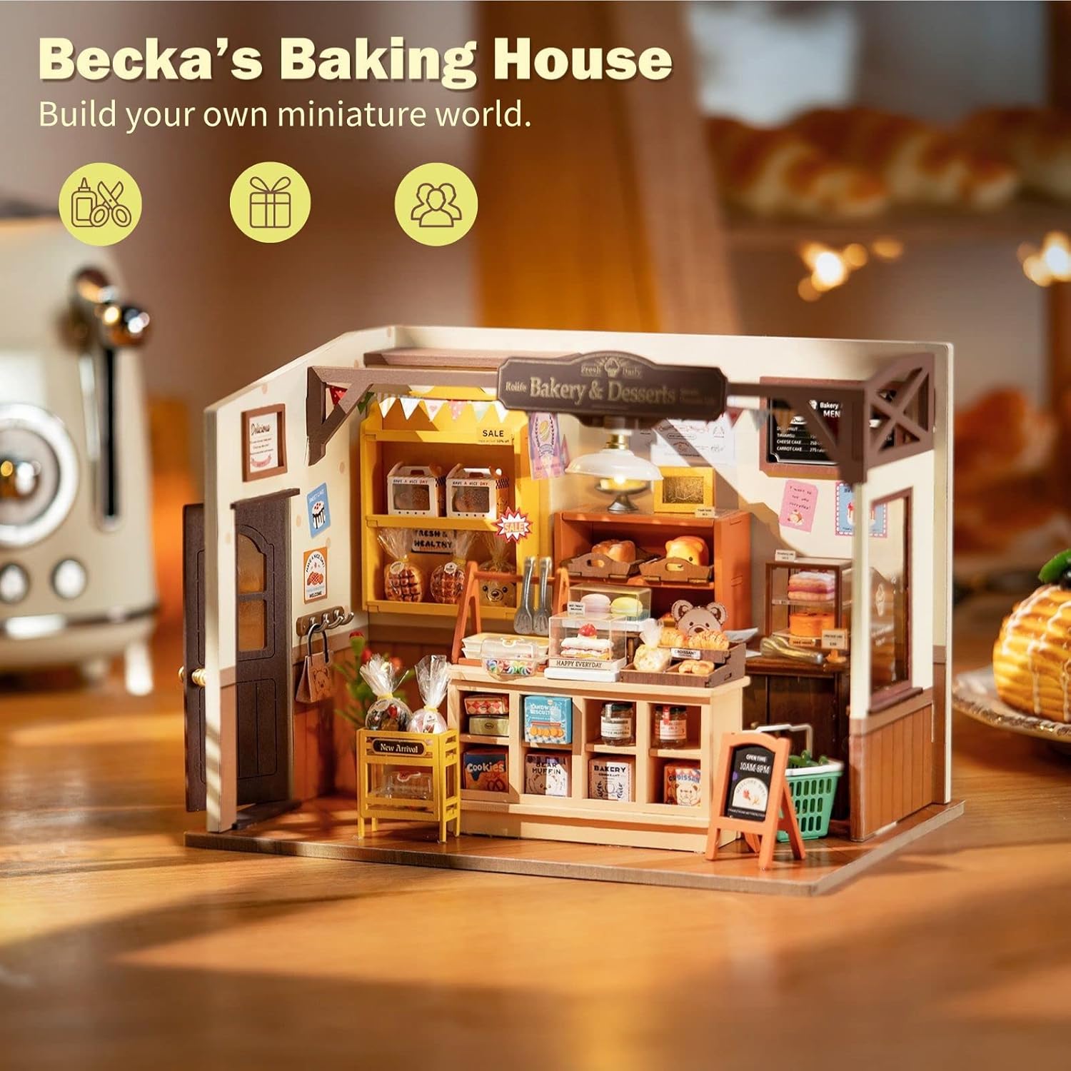 DIY Miniature Doll House Kit, Build Becka's Bakery Diorama House Building Set with LED Room Hobby Craft for Aduls Uniue Gifts for Teens-uFunSpace