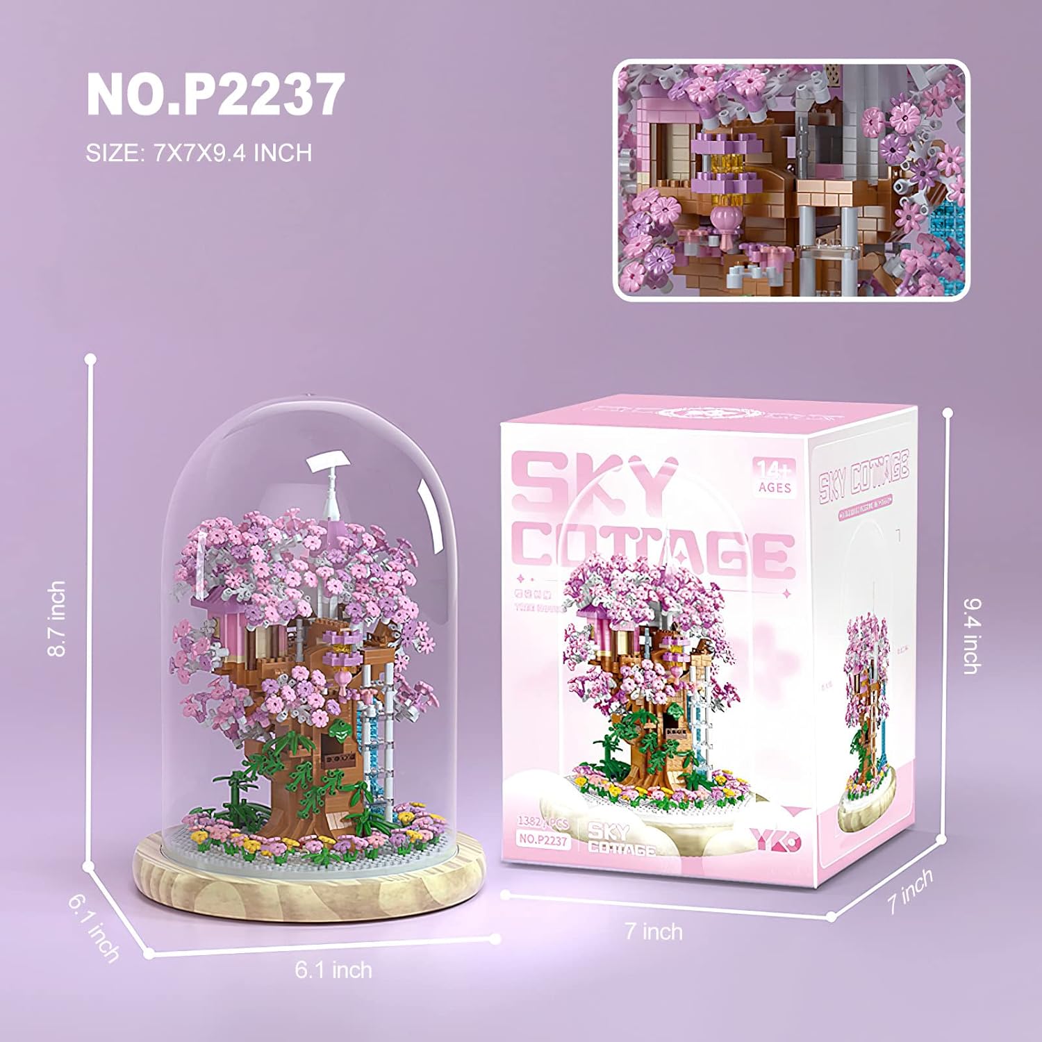 Cherry Blossom Bonsai Tree House Building Flowers Set for Adults, 1382 Pcs Micro-Particle Ideas Sakura Tree Building Blocks, Complete with String Lights, Dust Cover, and Wooden Base-uFunSpace