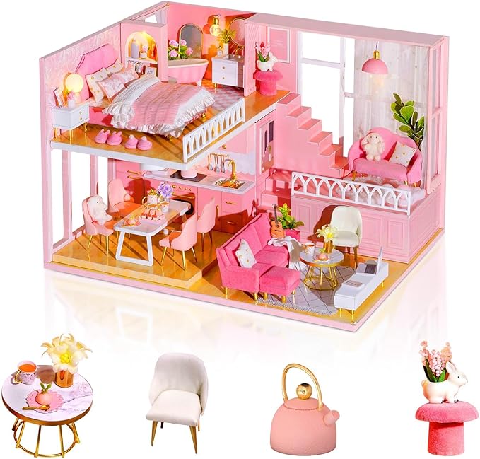 DIY Miniature Dollhouse Kit, 1:24 Scale Mini Handmade Wooden Doll House with Music, Great Handmade Crafts Gift for Birthday Mother's Day Kids Teens Adults Assemble the Villa Model Gift-uFunSpace