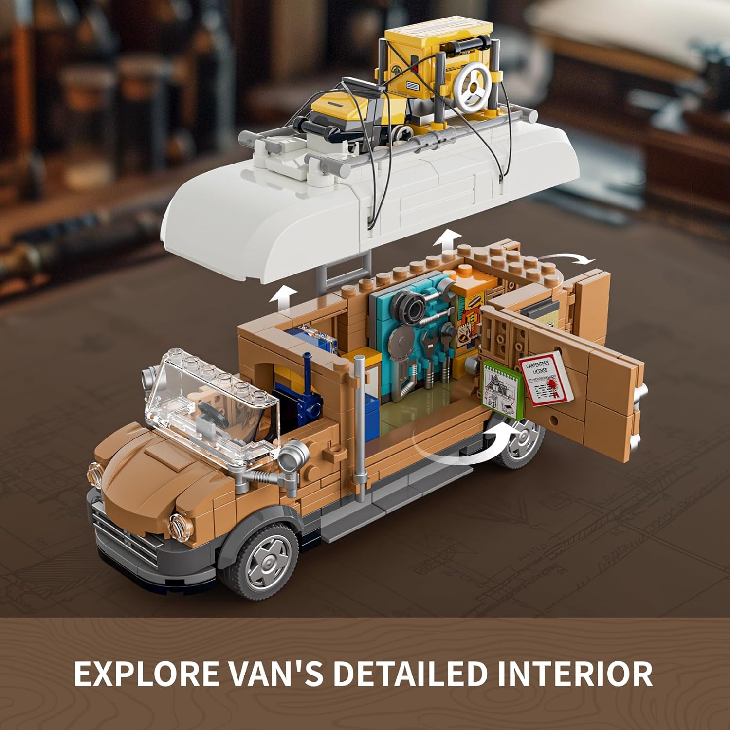 Carpentry Van Lighting Building-Bricks Set - Farm Woodworker Car Collectible Display Set 496 Pcs for Adults and Teen-uFunSpace