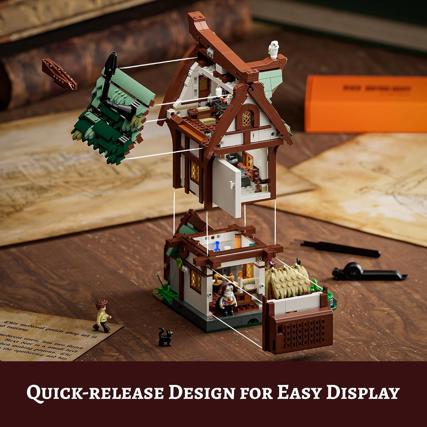 Medieval Apothecary Shop Lighting Building-Bricks Set - Compatible with Standard Bricks Medieval Series Collectible Display House 1470 Pcs for Adults and Teen-uFunSpace