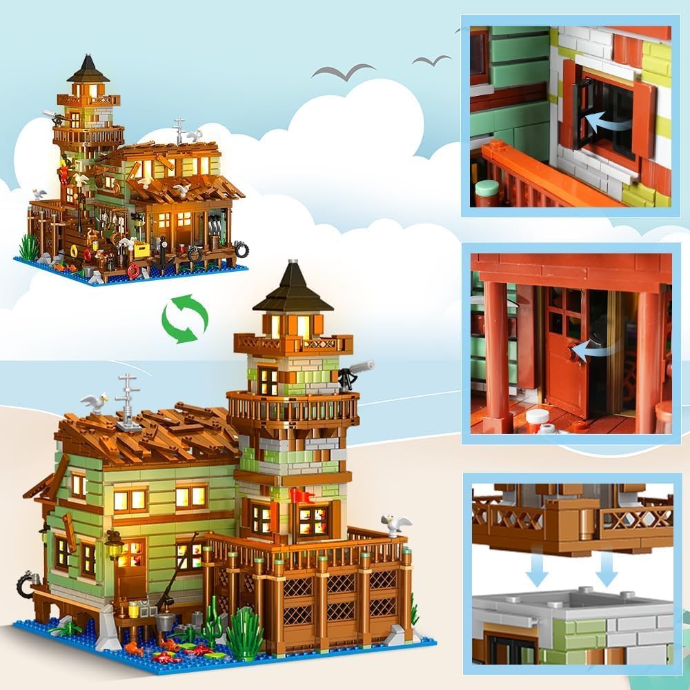 Fishing Village Store House Building Set with LED Light, 1845PCS Wood Cabin Mini Building Block Architecture Kit for Adults Boys Girls Ages 8+-uFunSpace