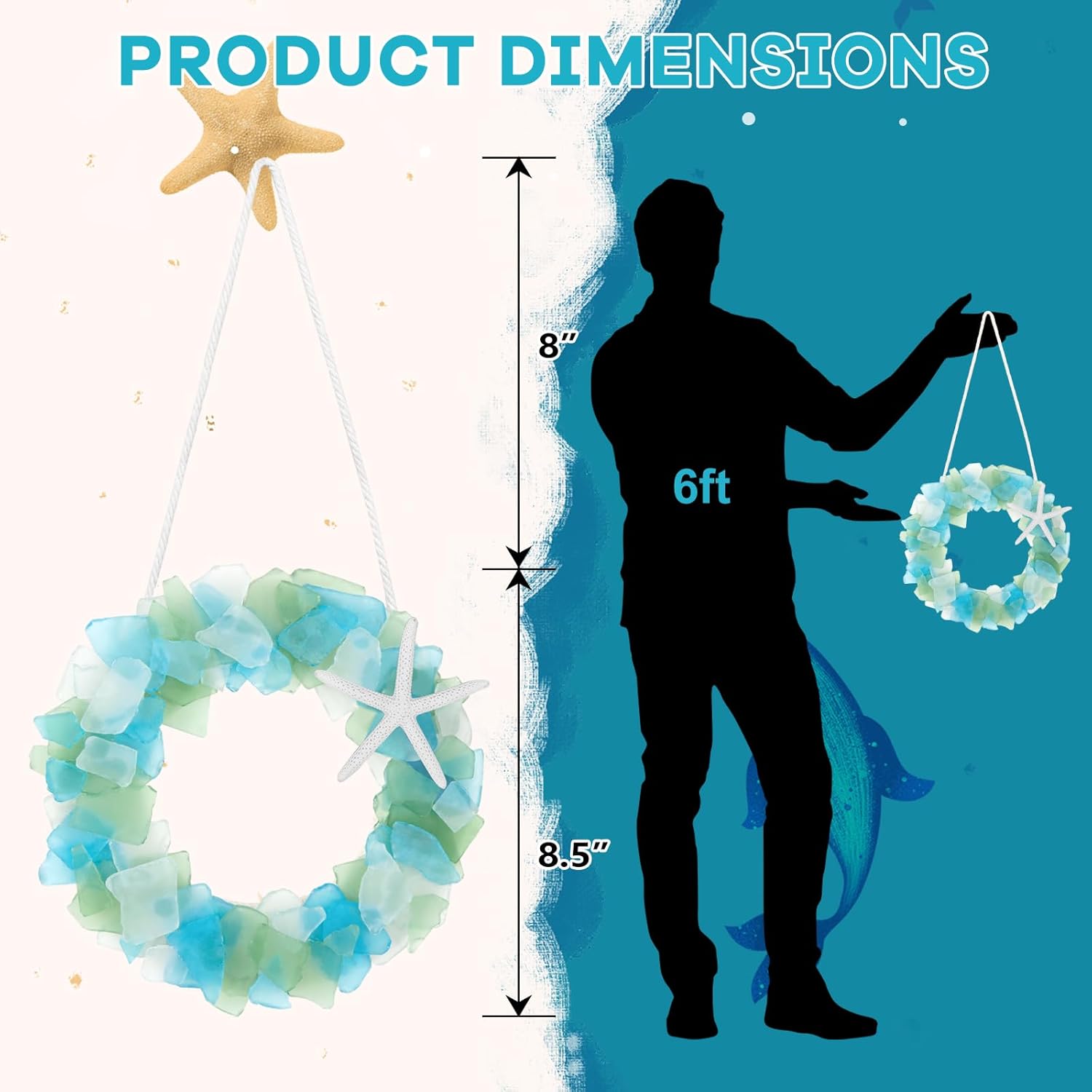 Sea Glass Wreath - Handmade 8.5 Inch Beach Wreath, Coastal Style Christmas Decor Wreaths for Home Decor, Door, Window, Kitchen Cabinet, Chair and Wall-uFunSpace