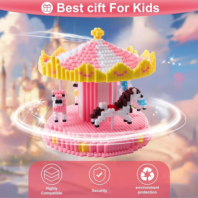 3D Carousel Mini Building Blocks Set, DIY Educational Particle Puzzle Building Bricks Toy Kits, 8900 PCS DIY Model Building Kits Toy Gifts for Kids Desk Decor for Boys/Girls-uFunSpace