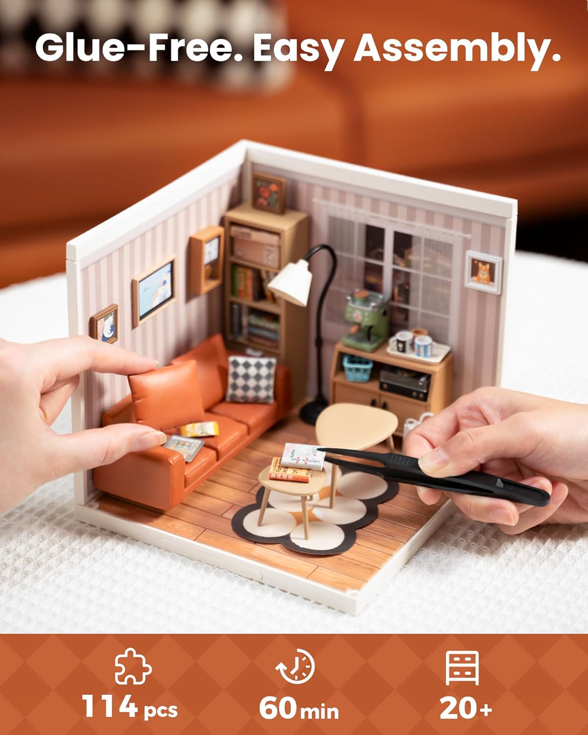 DIY Miniature Plastic House Building Set Toys Playset with LED Suitable for Mini Figures Construction Toys Diorama Kit Gifts for Teens Adults (Cozy Living Lounge)-uFunSpace