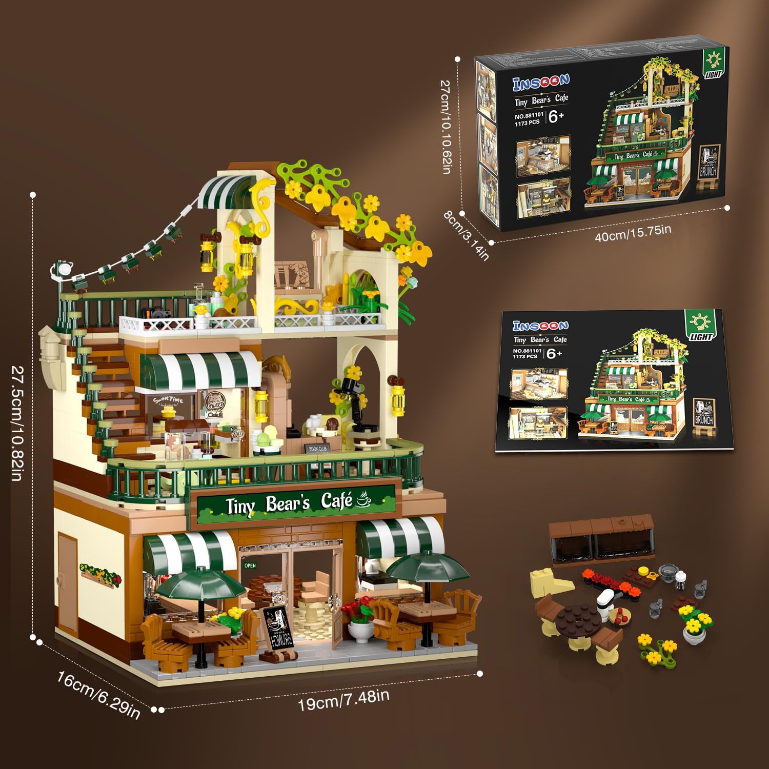 City Coffee House Building Set with Light, 1173 PCS Cafe Shop Building Block Toy with Ordering Counter Baking Room, Architecture Construction Model for Adults Teens Kids Boys Girls Ages 6-12+-uFunSpace