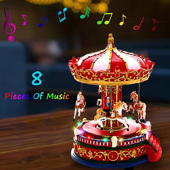 Christmas Carousel Figurines Decoration Christmas Village House Musical Carousel with 6 Moving Horses Go Round, 8 Pieces of Music Snow Globe, Music Box for Girl and Boy Kids-uFunSpace
