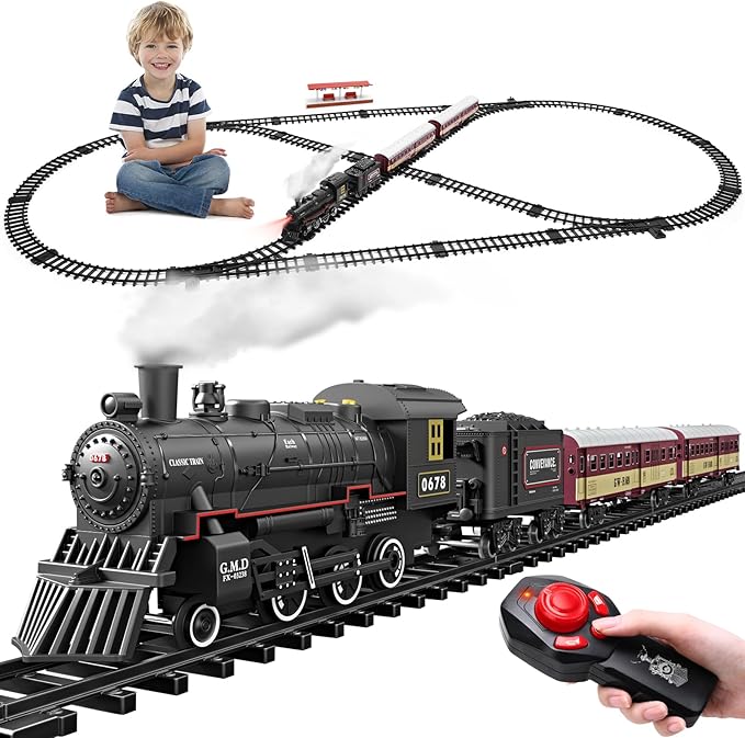 Train Set for Kids,Remote Control Locomotive Engine Under Christmas Tree,Electric Model Train W/Carriages and Long Tracks,Train Toy Gift for Boys Girls Age 4-12-uFunSpace