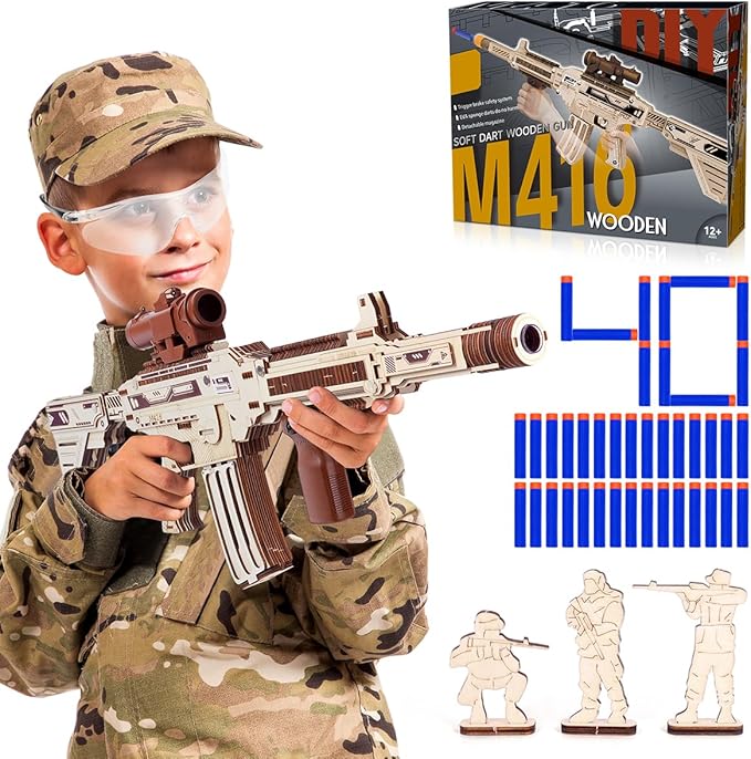 Wooden Gun Puzzles, 3D Wooden Puzzles Gun for Adult with Foam Soft Bullet, Electric Wooden M416 Model Rifle Puzzle Toy Guns, Wood Puzzles DIY Building Kits for Adult Christmas Birthday Gift-uFunSpace