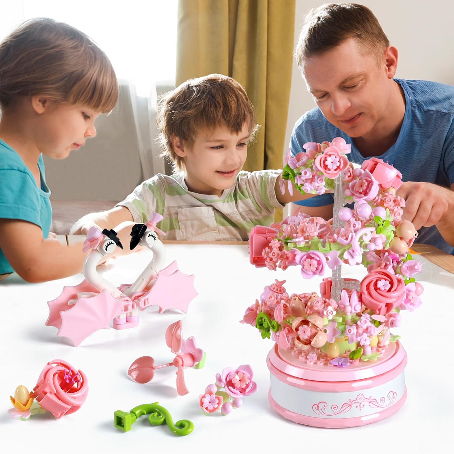 Flowers Music Box Building Block Kit with Light-713PCS Decoration Rotating Music Box Building Set,Botanical Collection Mother's Day, Valentine and Birthday Gifts for Girls Boys Adults Kids Ages 6+-uFunSpace