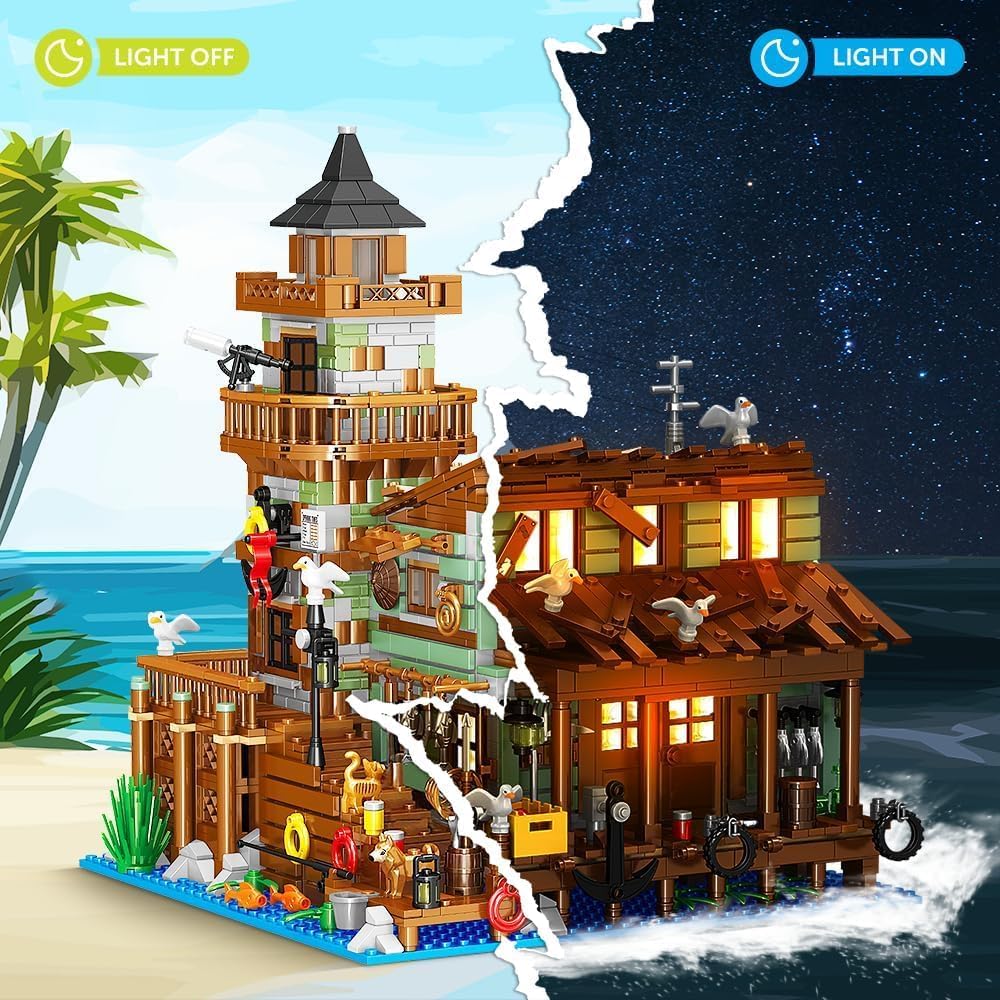 Fishing Village Store House Building Set with LED Light, 1845PCS Wood Cabin Mini Building Block Architecture Kit for Adults Boys Girls Ages 8+-uFunSpace