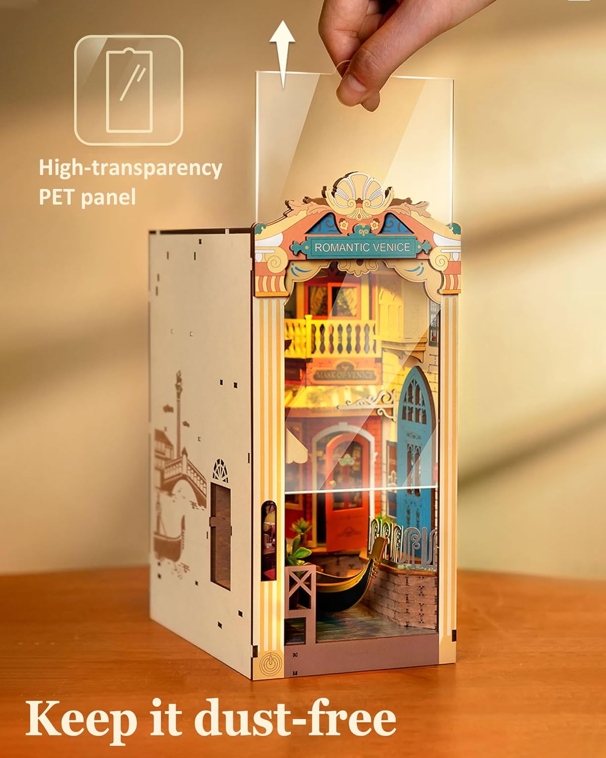 Hand inserting the high-transparency PET dust cover panel into the Romantic Venice book nook to keep it dust-free.-uFunSpace