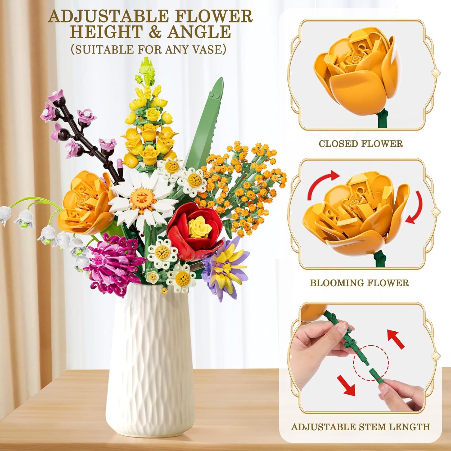 Flowers Bouquet Building Set, 1070PCS Wildflower Botanical Collection, Artificial Plant Flower Kit Toy for Adults Kids Women Her, Home Decor Gift for Birthday, Valentine's Day, Christmas (No Vase)-uFunSpace
