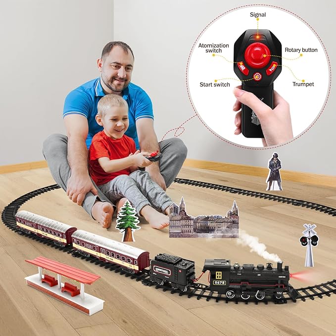 Train Set for Kids,Remote Control Locomotive Engine Under Christmas Tree,Electric Model Train W/Carriages and Long Tracks,Train Toy Gift for Boys Girls Age 4-12-uFunSpace