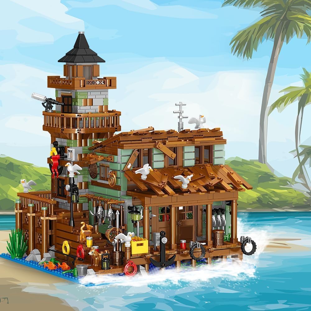 Fishing Village Store House Building Set with LED Light, 1845PCS Wood Cabin Mini Building Block Architecture Kit for Adults Boys Girls Ages 8+-uFunSpace